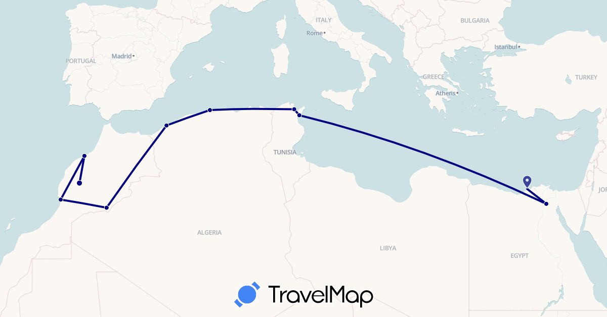 TravelMap itinerary: driving in Algeria, Egypt, Morocco, Tunisia (Africa)