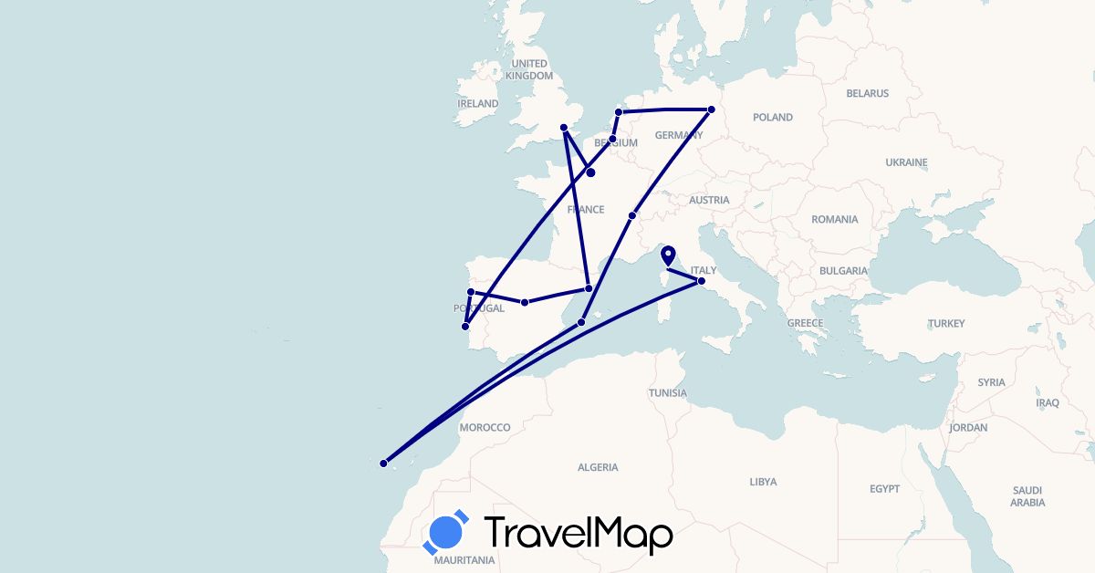 TravelMap itinerary: driving in Belgium, Switzerland, Germany, Spain, France, United Kingdom, Italy, Netherlands, Portugal (Europe)